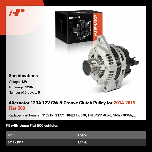 Alternator 120A 12V CW 5-Groove Clutch Pulley for 2014-2019 Fiat 500