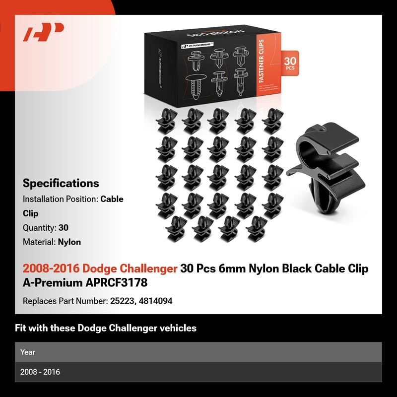 2008-2016 Dodge Challenger 30 Pcs 6mm Nylon Black Cable Clip A-Premium APRCF3178