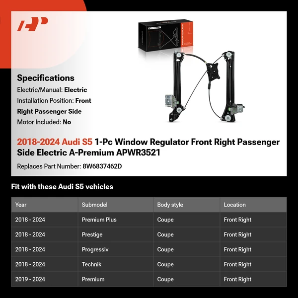 2018-2024 Audi S5 1-Pc Window Regulator Front Right Passenger Side Electric A-Premium APWR3521