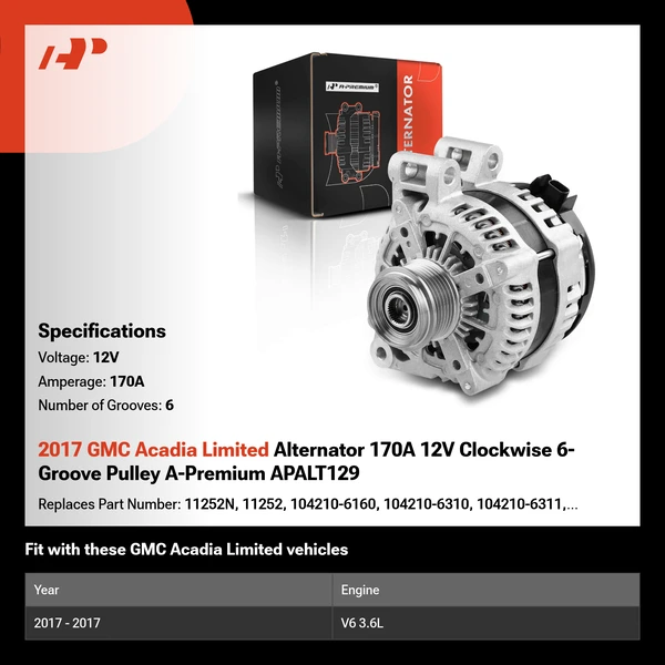 2017 GMC Acadia Limited Alternator 170A 12V Clockwise 6-Groove Pulley A-Premium APALT129