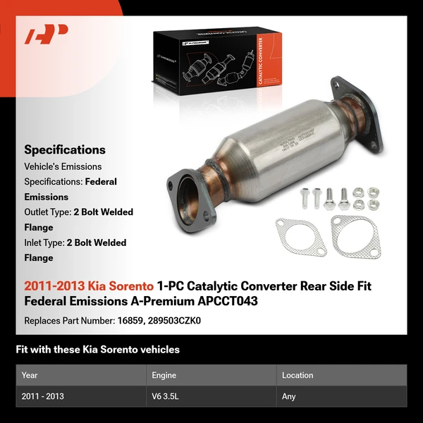 2011-2013 Kia Sorento 1-PC Catalytic Converter Rear Side Fit Federal Emissions A-Premium APCCT043