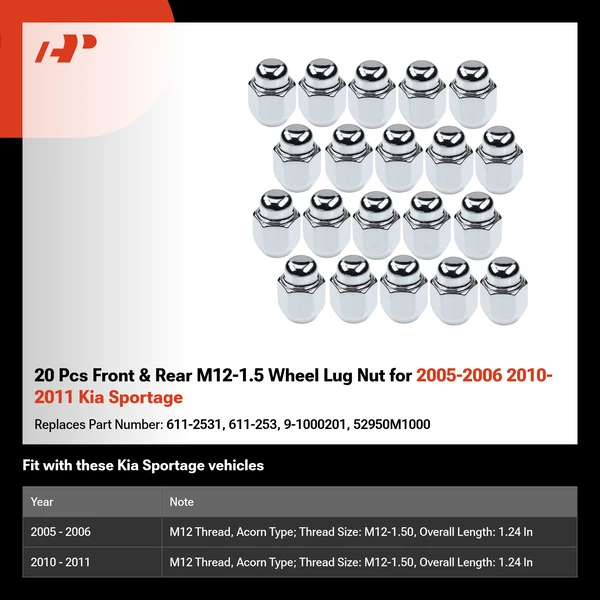 20 Pcs Front & Rear M12-1.5 Wheel Lug Nut for 2005-2006 2010-2011 Kia Sportage