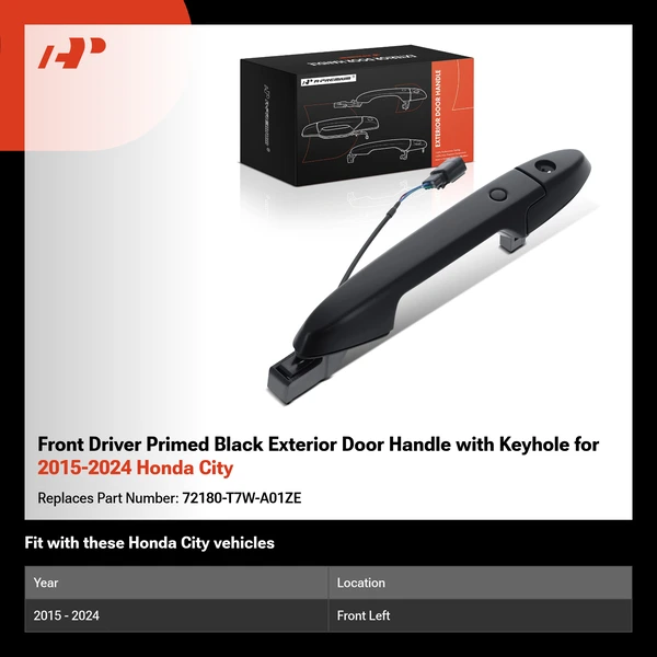Front Driver Primed Black Exterior Door Handle with Keyhole for 2015-2024 Honda City
