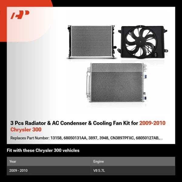 3 Pcs Radiator & AC Condenser & Cooling Fan Kit for 2009-2010 Chrysler 300