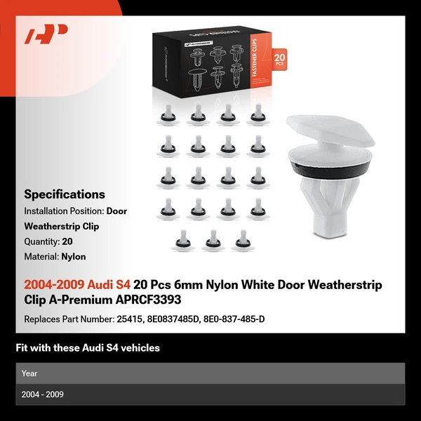 2004-2009 Audi S4 20 Pcs 6mm Nylon White Door Weatherstrip Clip A-Premium APRCF3393