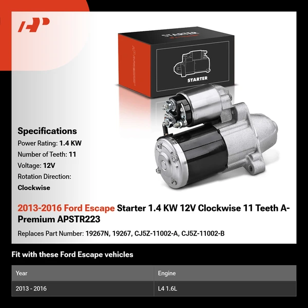 2013-2016 Ford Escape Starter 1.4 KW 12V Clockwise 11 Teeth A-Premium APSTR223