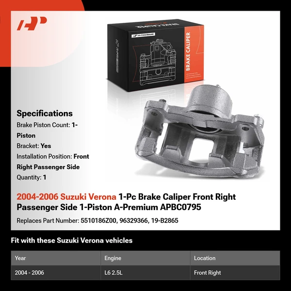 2004-2006 Suzuki Verona 1-Pc Brake Caliper Front Right Passenger Side 1-Piston A-Premium APBC0795