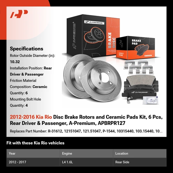 2012-2016 Kia Rio Disc Brake Rotors and Ceramic Pads Kit, 6 Pcs, Rear Driver & Passenger, A-Premium, APBRPR127