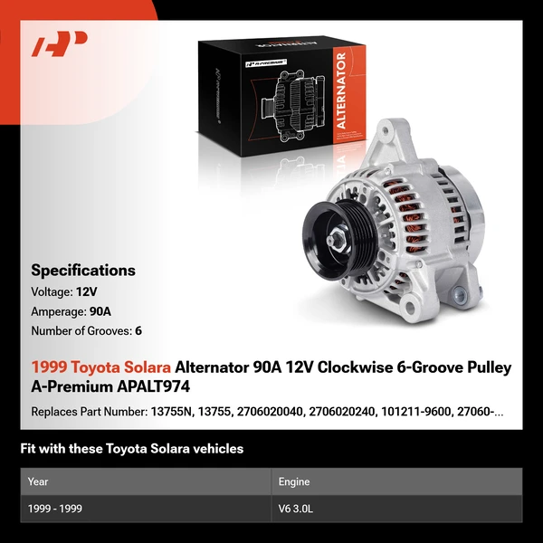 1999 Toyota Solara Alternator 90A 12V Clockwise 6-Groove Pulley A-Premium APALT974