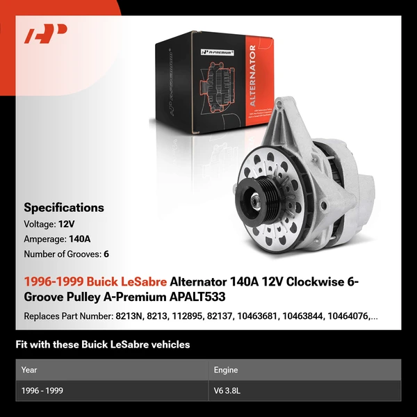 1996-1999 Buick LeSabre Alternator 140A 12V Clockwise 6-Groove Pulley A-Premium APALT533