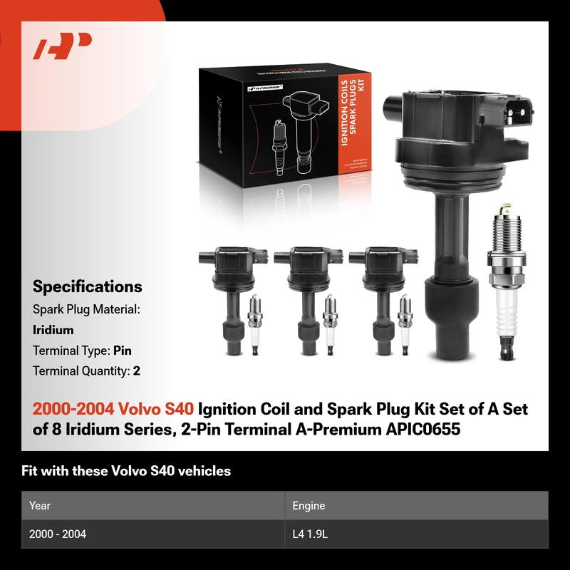 2000-2004 Volvo S40 Ignition Coil and Spark Plug Kit Set of A Set of 8 Iridium Series, 2-Pin Terminal A-Premium APIC0655