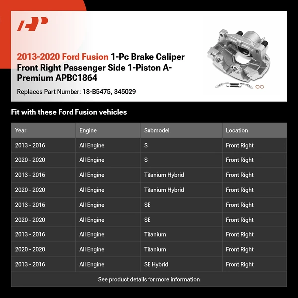2013-2020 Ford Fusion 1-Pc Brake Caliper Front Right Passenger Side 1-Piston A-Premium APBC1864