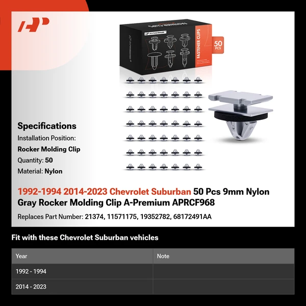 1992-1994 2014-2023 Chevrolet Suburban 50 Pcs 9mm Nylon Gray Rocker Molding Clip A-Premium APRCF968