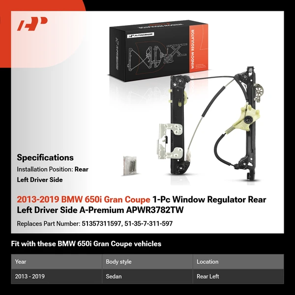 2013-2019 BMW 650i Gran Coupe 1-Pc Window Regulator Rear Left Driver Side A-Premium APWR3782TW