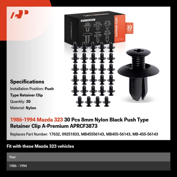 1986-1994 Mazda 323 30 Pcs 8mm Nylon Black Push Type Retainer Clip A-Premium APRCF3873