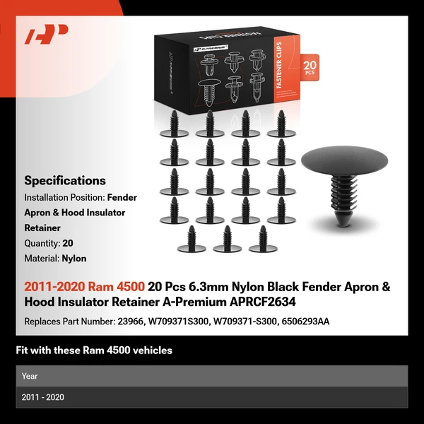 2011-2020 Ram 4500 20 Pcs 6.3mm Nylon Black Fender Apron & Hood Insulator Retainer A-Premium APRCF2634