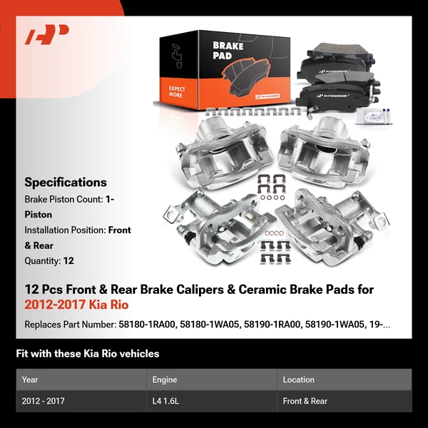 12 Pcs Front & Rear Brake Calipers & Ceramic Brake Pads for 2012-2017 Kia Rio
