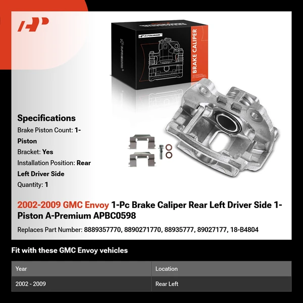 2002-2009 GMC Envoy 1-Pc Brake Caliper Rear Left Driver Side 1-Piston A-Premium APBC0598
