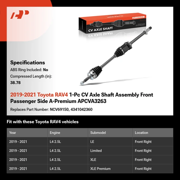 2019-2021 Toyota RAV4 1-Pc CV Axle Shaft Assembly Front Passenger Side A-Premium APCVA3263