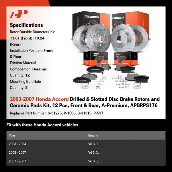 2003-2007 Honda Accord Drilled & Slotted Disc Brake Rotors and Ceramic Pads Kit, 12 Pcs, Front & Rear, A-Premium, APBRPS176