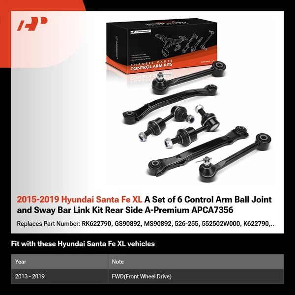 2015-2019 Hyundai Santa Fe XL A Set of 6 Control Arm Ball Joint and Sway Bar Link Kit Rear Side A-Premium APCA7356
