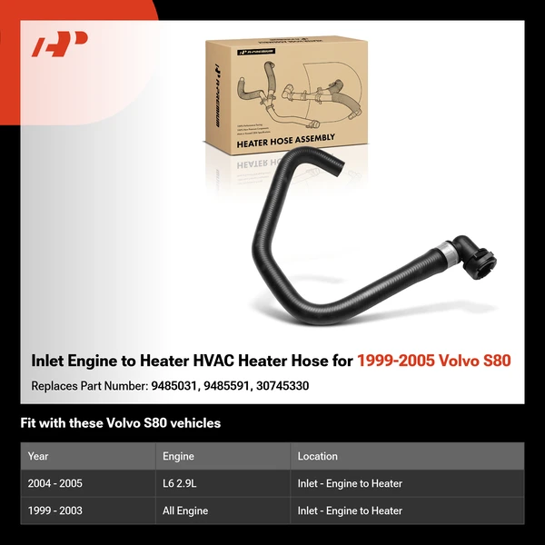 Inlet Engine to Heater HVAC Heater Hose for 1999-2005 Volvo S80