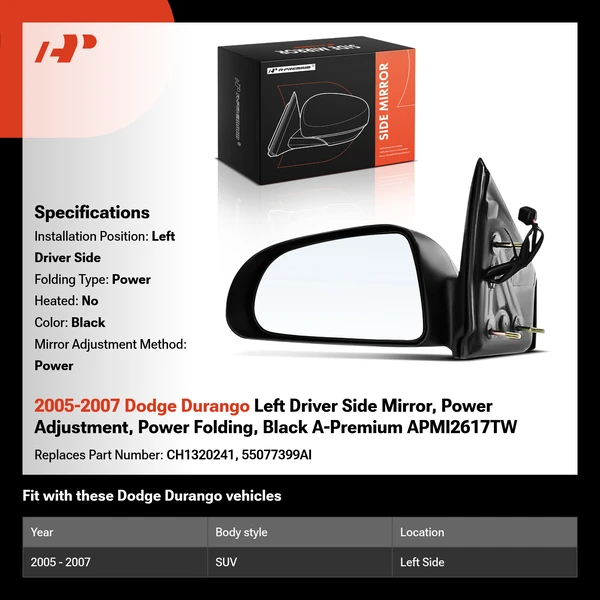 2005-2007 Dodge Durango Left Driver Side Mirror, Power Adjustment, Power Folding, Black A-Premium APMI2617TW