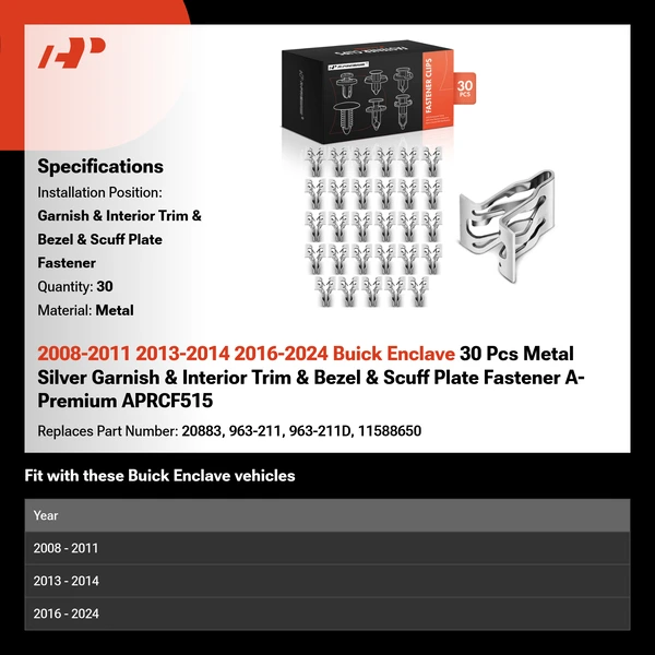 2008-2011 2013-2014 2016-2024 Buick Enclave 30 Pcs Metal Silver Garnish & Interior Trim & Bezel & Scuff Plate Fastener A-Premium APRCF515