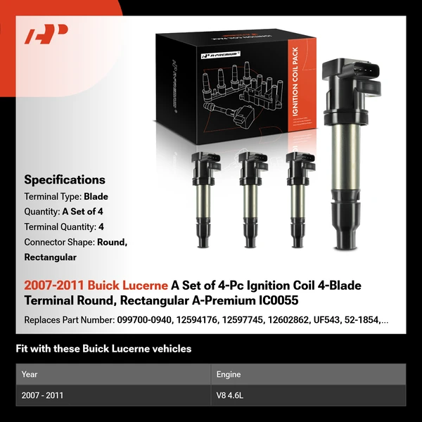 2007-2011 Buick Lucerne A Set of 4-Pc Ignition Coil 4-Blade Terminal Round, Rectangular A-Premium IC0055