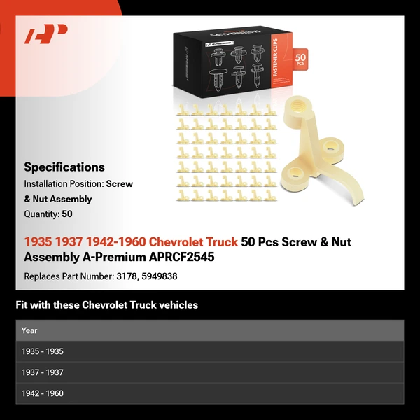 1935 1937 1942-1960 Chevrolet Truck 50 Pcs Screw & Nut Assembly A-Premium APRCF2545