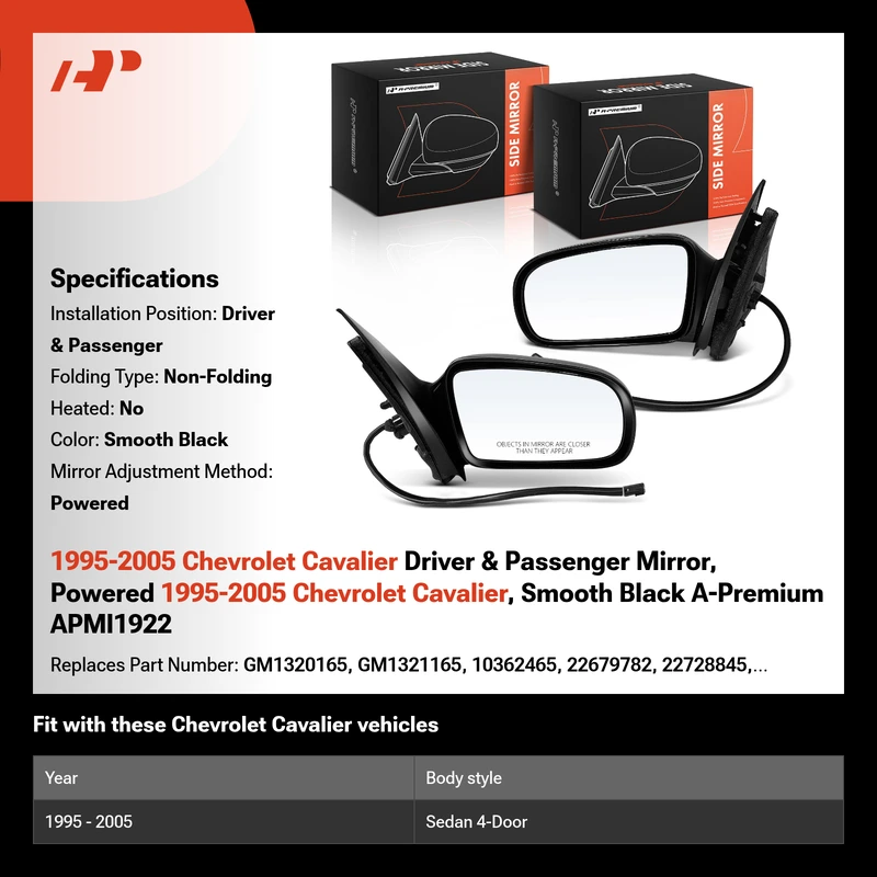 1995-2005 Chevrolet Cavalier Driver & Passenger Mirror, Powered 1995-2005 Chevrolet Cavalier, Smooth Black A-Premium APMI1922