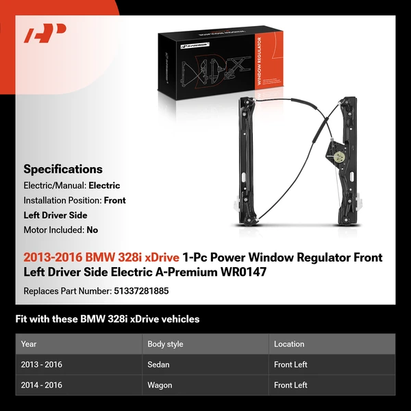 2013-2016 BMW 328i xDrive 1-Pc Power Window Regulator Front Left Driver Side Electric A-Premium WR0147