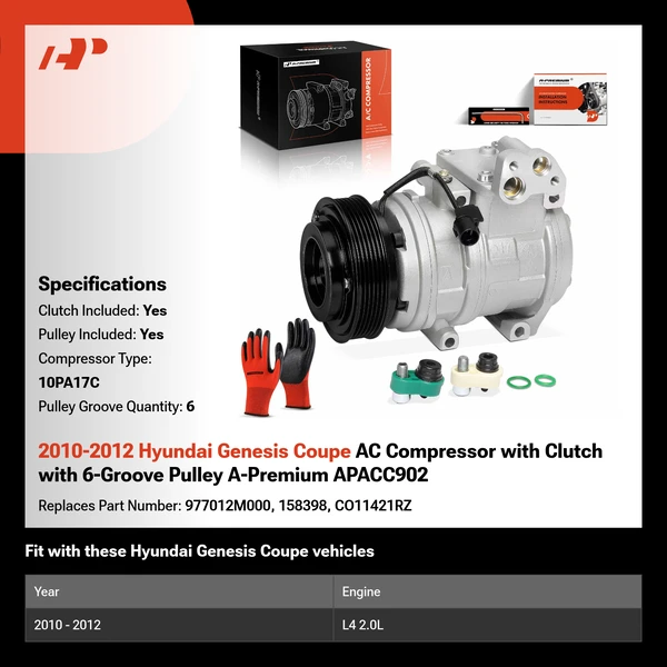 2010-2012 Hyundai Genesis Coupe AC Compressor with Clutch with 6-Groove Pulley A-Premium APACC902
