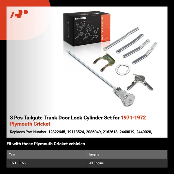 3 Pcs Tailgate Trunk Door Lock Cylinder Set for 1971-1972 Plymouth Cricket