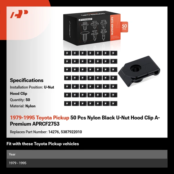 1979-1995 Toyota Pickup 50 Pcs Nylon Black U-Nut Hood Clip A-Premium APRCF2753