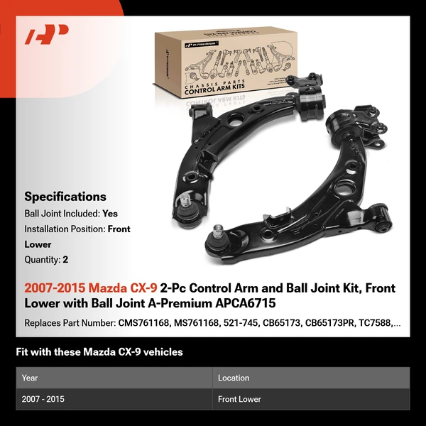 2007-2015 Mazda CX-9 2-Pc Control Arm and Ball Joint Kit, Front Lower with Ball Joint A-Premium APCA6715