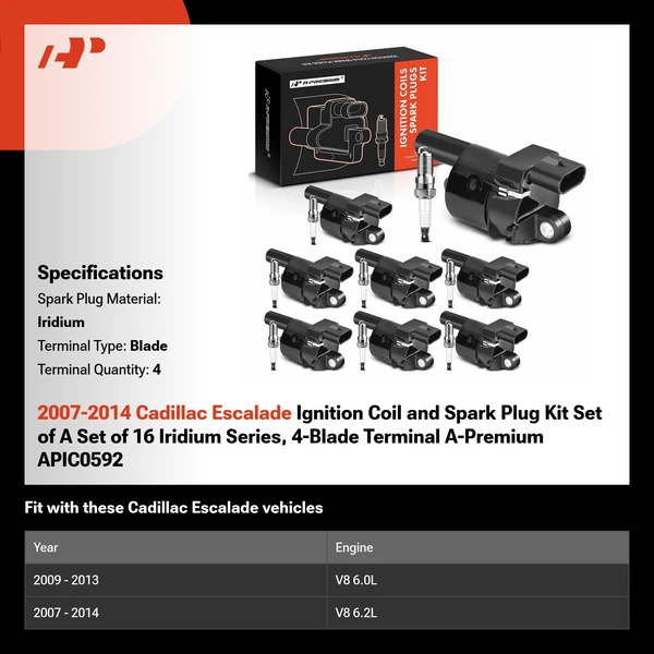 2007-2014 Cadillac Escalade Ignition Coil and Spark Plug Kit Set of A Set of 16 Iridium Series, 4-Blade Terminal A-Premium APIC0592