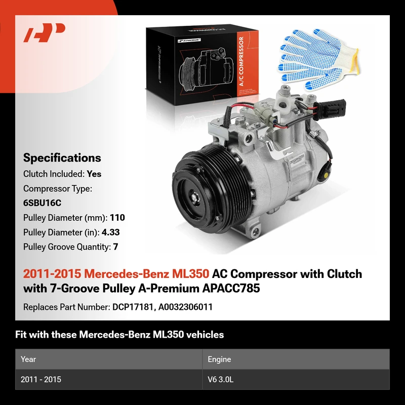 2011-2015 Mercedes-Benz ML350 AC Compressor with Clutch with 7-Groove Pulley A-Premium APACC785