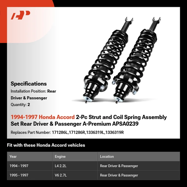1994-1997 Honda Accord 2-Pc Strut and Coil Spring Assembly Set Rear Driver & Passenger A-Premium APSA0239