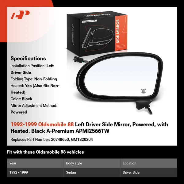 1992-1999 Oldsmobile 88 Left Driver Side Mirror, Powered, with Heated, Black A-Premium APMI2566TW