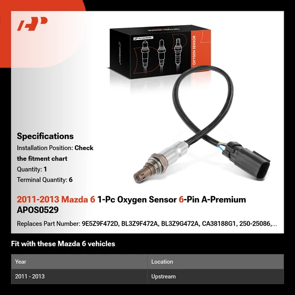 2011-2013 Mazda 6 1-Pc Oxygen Sensor 6-Pin A-Premium APOS0529