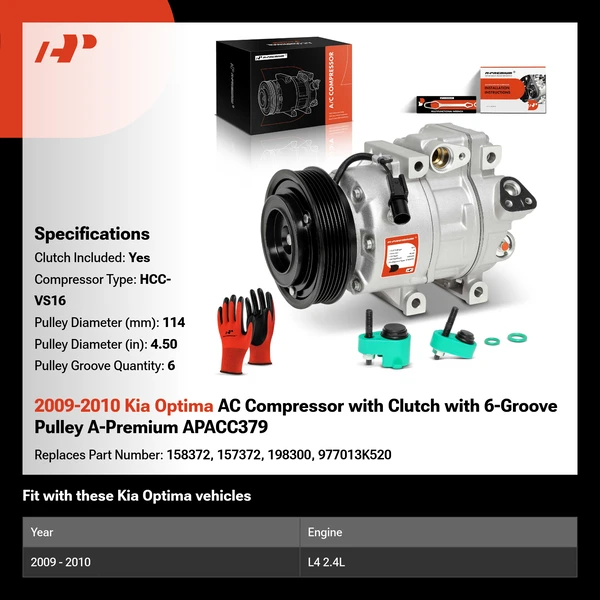 2009-2010 Kia Optima AC Compressor with Clutch with 6-Groove Pulley A-Premium APACC379