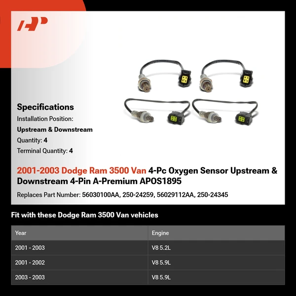 2001-2003 Dodge Ram 3500 Van 4-Pc Oxygen Sensor Upstream & Downstream 4-Pin A-Premium APOS1895