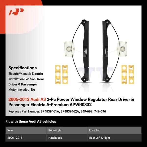 2006-2012 Audi A3 2-Pc Power Window Regulator Rear Driver & Passenger Electric A-Premium APWR0332