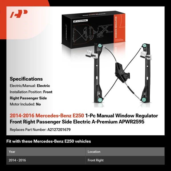 2014-2016 Mercedes-Benz E250 1-Pc Manual Window Regulator Front Right Passenger Side Electric A-Premium APWR2595