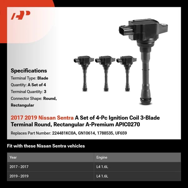2017 2019 Nissan Sentra A Set of 4-Pc Ignition Coil 3-Blade Terminal Round, Rectangular A-Premium APIC0270