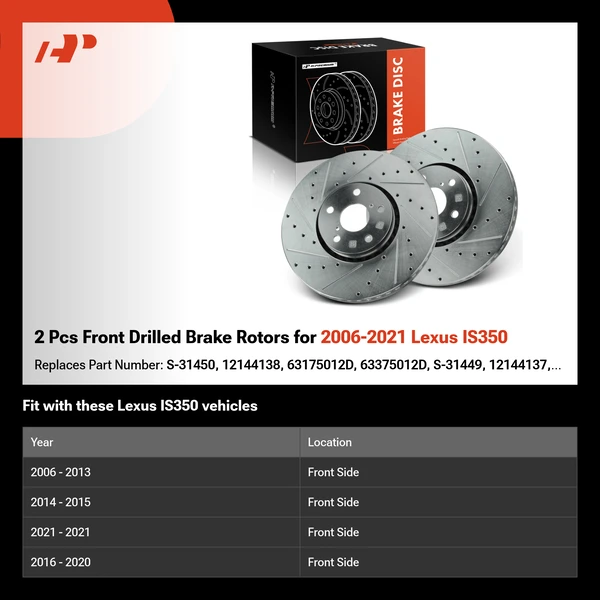 2 Pcs Front Drilled Brake Rotors for 2006-2021 Lexus IS350