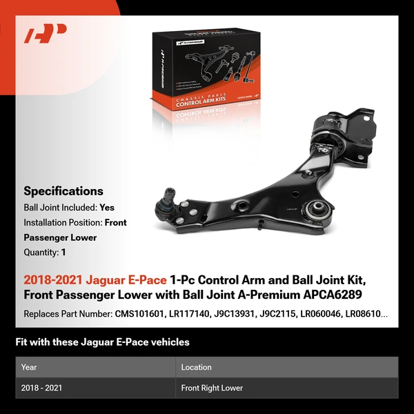 2018-2021 Jaguar E-Pace 1-Pc Control Arm and Ball Joint Kit, Front Passenger Lower with Ball Joint A-Premium APCA6289