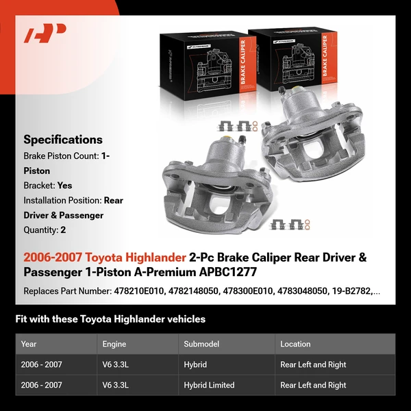 2006-2007 Toyota Highlander 2-Pc Brake Caliper Rear Driver & Passenger 1-Piston A-Premium APBC1277