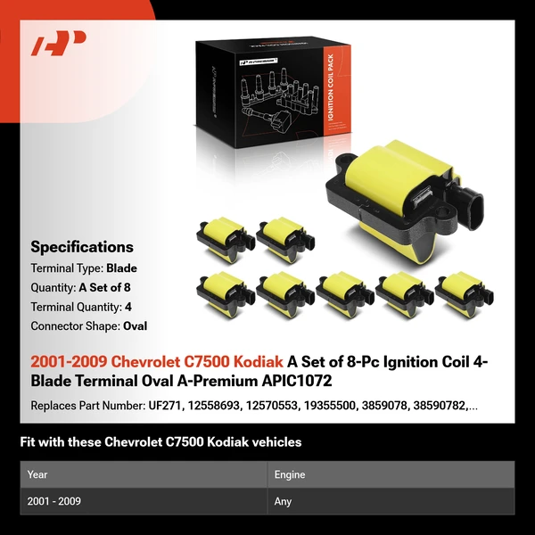 2001-2009 Chevrolet C7500 Kodiak A Set of 8-Pc Ignition Coil 4-Blade Terminal Oval A-Premium APIC1072